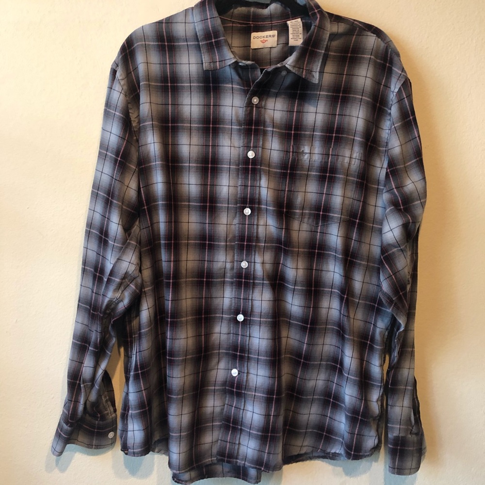 Dockers red black and gray plaid casual button up
